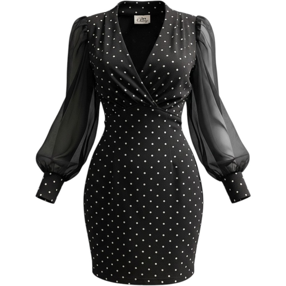 Vintage In Charge Y2K Dress Black Polka Dot Babydoll Bodycon Sheer Sleeves Retro